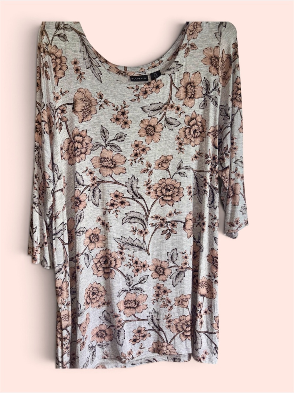 Tahari Cream Scoop Neck Top with Brown Floral Print